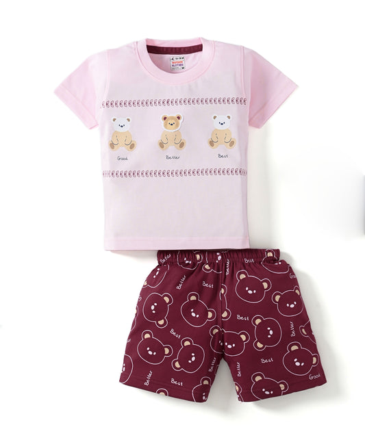 Teddy Trio Half Sleeves T-Shirt & Half Pant Set | Pink