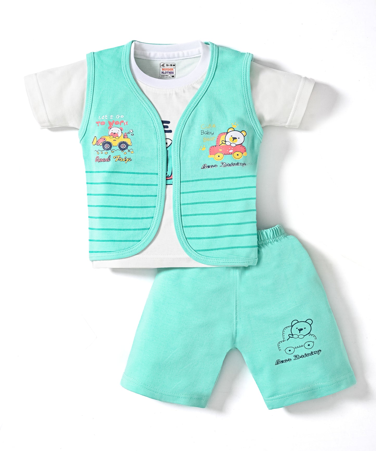Driving Bear 3-Piece Half Sleeves T-Shirt & Half Pant Set with Sleeveless Jacket | Green