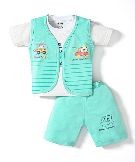 Driving Bear 3-Piece Half Sleeves T-Shirt & Half Pant Set with Sleeveless Jacket | Green