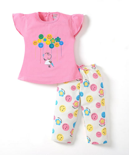 Smiley Faces Short Sleeves Top & Full Pant Set | Pink