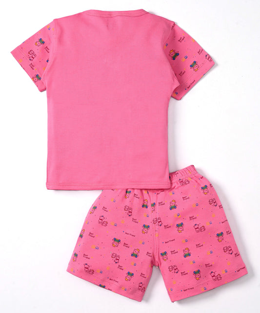 Friends Half Sleeves Front Open T-Shirt & Half Pant Set | Pink