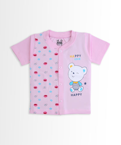 Happy Bear Half Sleeves Front Open T-Shirt & Half Pant Set | Pink
