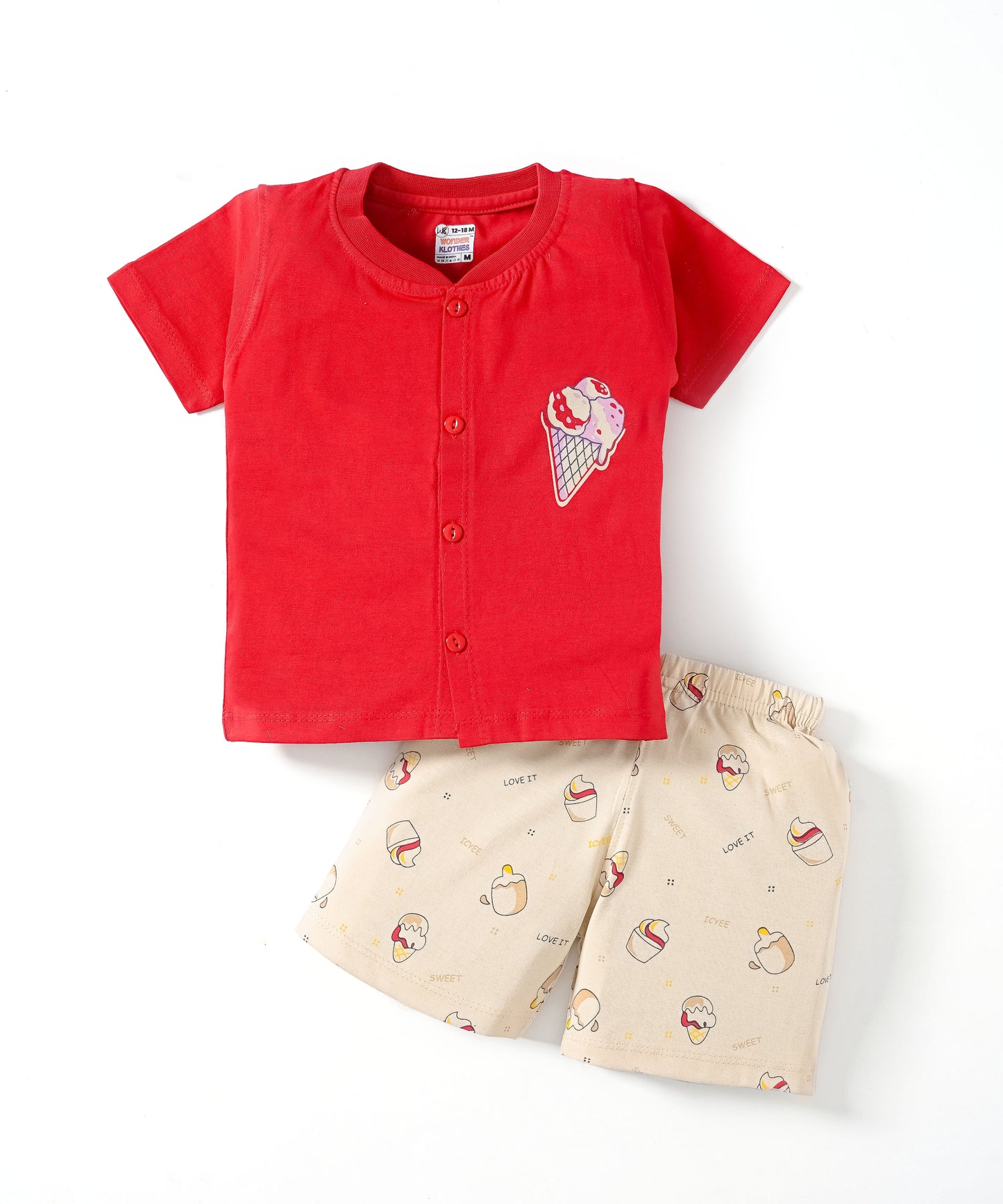 Sweet Scoops Half Sleeves Front Open T-Shirt & Half Pant Set | Red