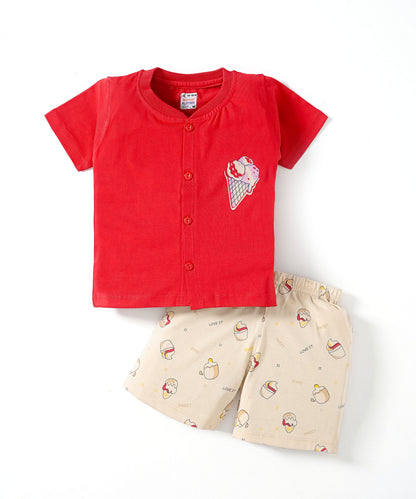 Sweet Scoops Half Sleeves Front Open T-Shirt & Half Pant Set | Red