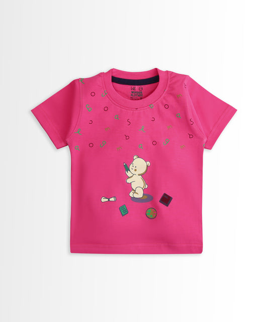 Teddy Alphabet Half Sleeves T-Shirt & Half Pant Set | Pink