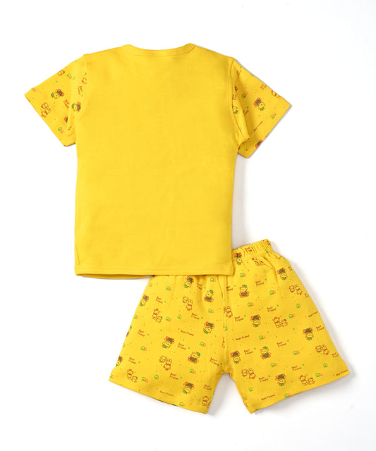 Friends Half Sleeves Front Open T-Shirt & Half Pant Set | Yellow