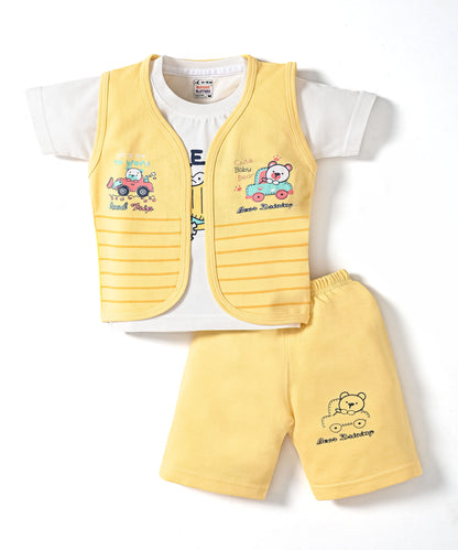 Driving Bear 3-Piece Half Sleeves T-Shirt & Half Pant Set with Sleeveless Jacket | Yellow