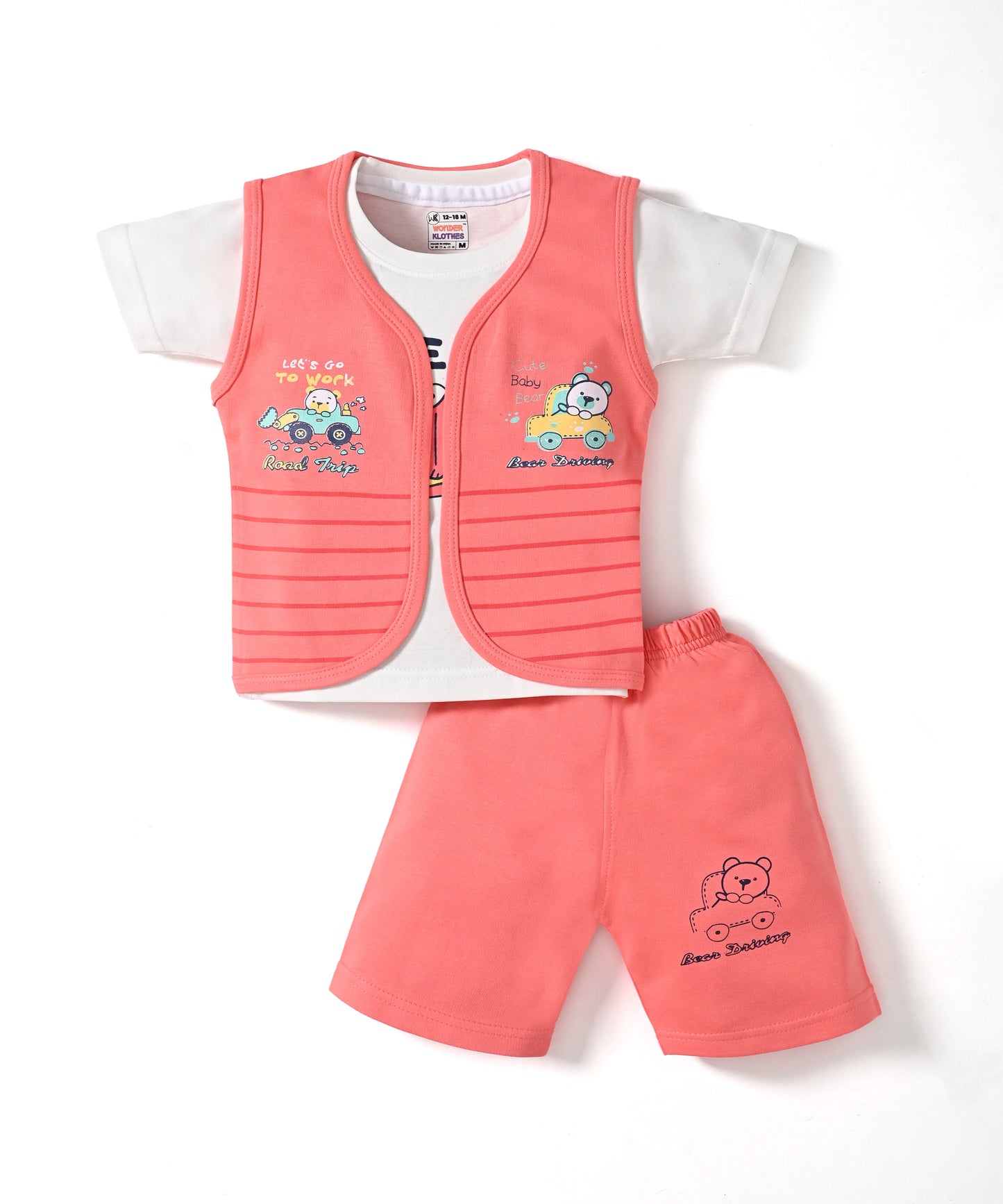 Driving Bear 3-Piece Half Sleeves T-Shirt & Half Pant Set with Sleeveless Jacket | Pink