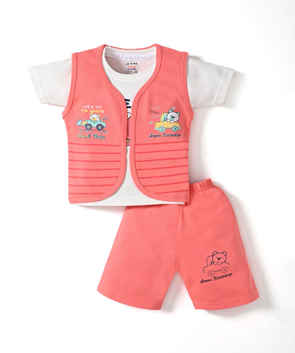 Driving Bear 3-Piece Half Sleeves T-Shirt & Half Pant Set with Sleeveless Jacket | Pink