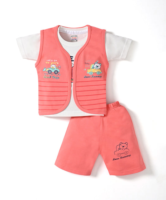 Driving Bear 3-Piece Half Sleeves T-Shirt & Half Pant Set with Sleeveless Jacket | Pink