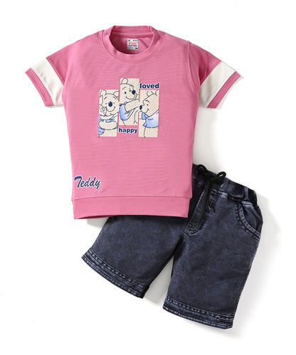 Happy Teddy Half Sleeves T-Shirt & RFD Shorts Set | Pink