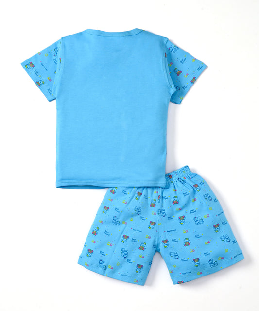 Friends Half Sleeves Front Open T-Shirt & Half Pant Set | Blue