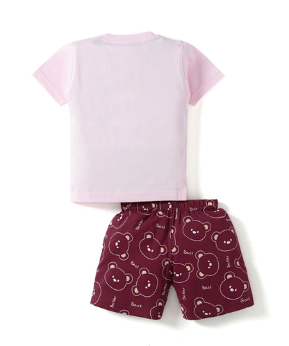 Teddy Trio Half Sleeves T-Shirt & Half Pant Set | Pink