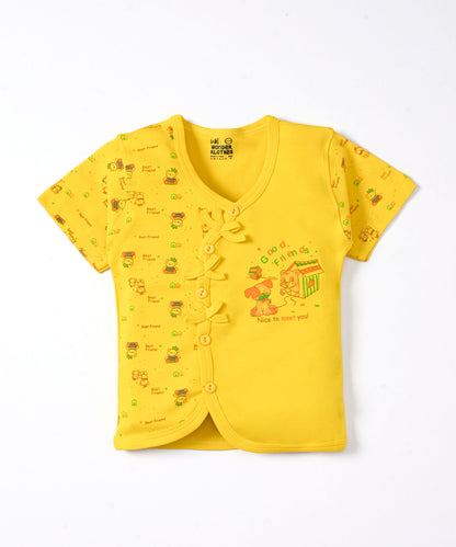 Friends Half Sleeves Front Open T-Shirt & Half Pant Set | Yellow