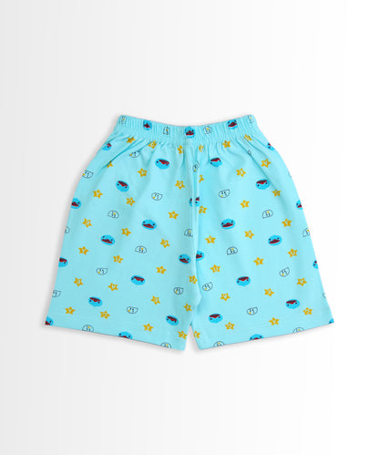 Happy Bear Half Sleeves Front Open T-Shirt & Half Pant Set | Blue