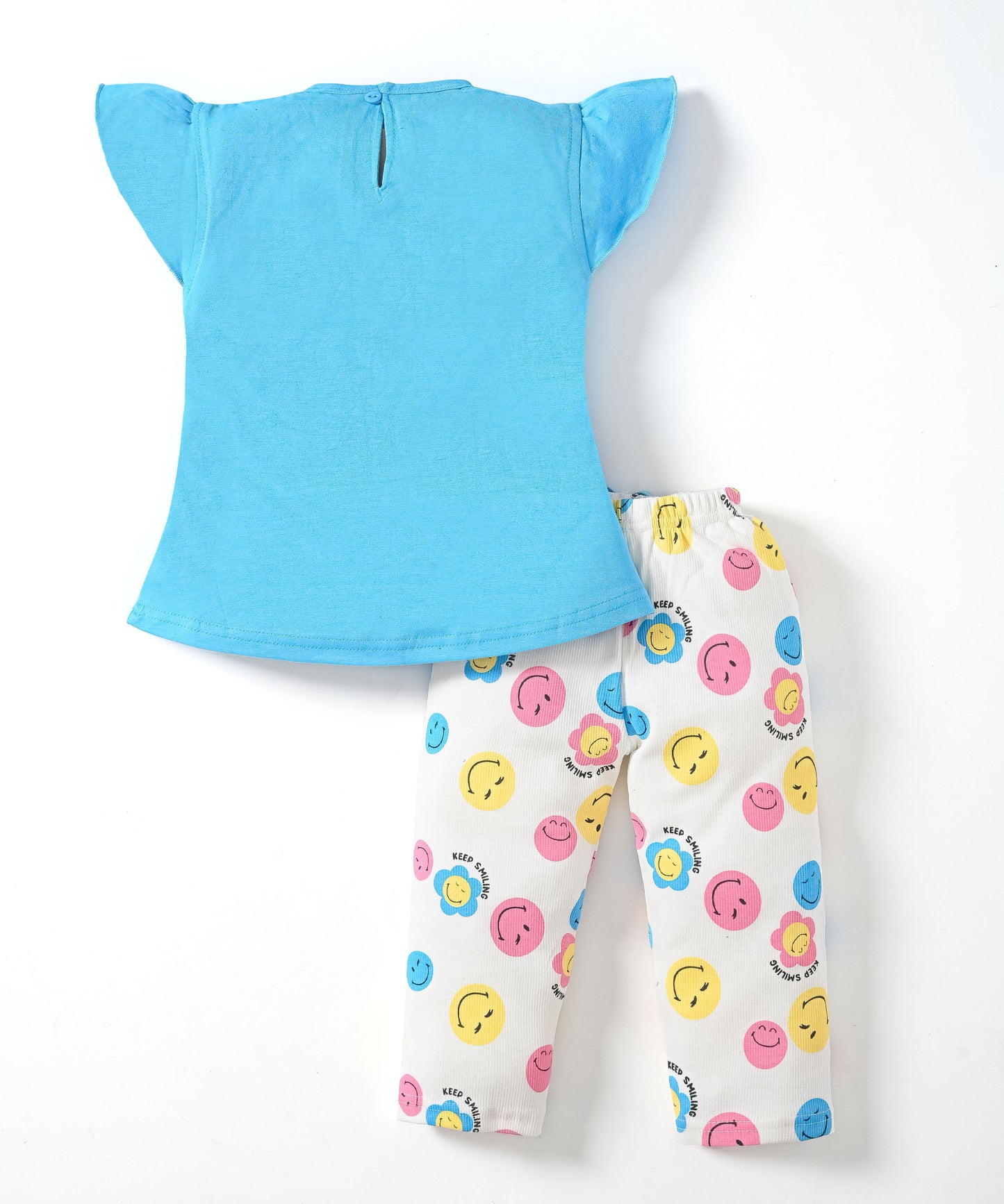 Smiley Faces Short Sleeves Top & Full Pant Set | Blue