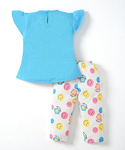 Smiley Faces Short Sleeves Top & Full Pant Set | Blue