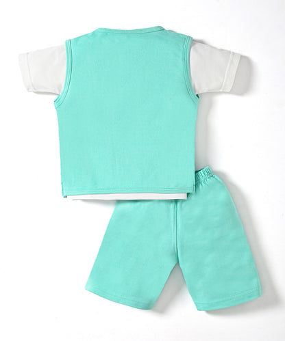 Driving Bear 3-Piece Half Sleeves T-Shirt & Half Pant Set with Sleeveless Jacket | Green