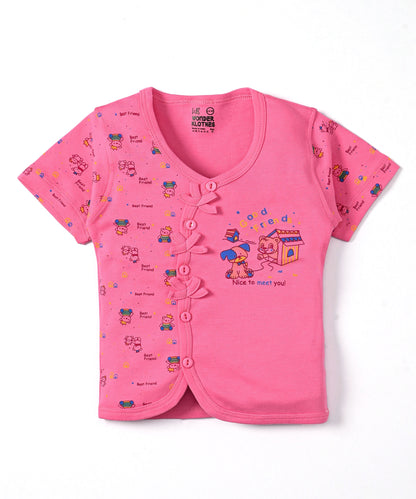 Friends Half Sleeves Front Open T-Shirt & Half Pant Set | Pink