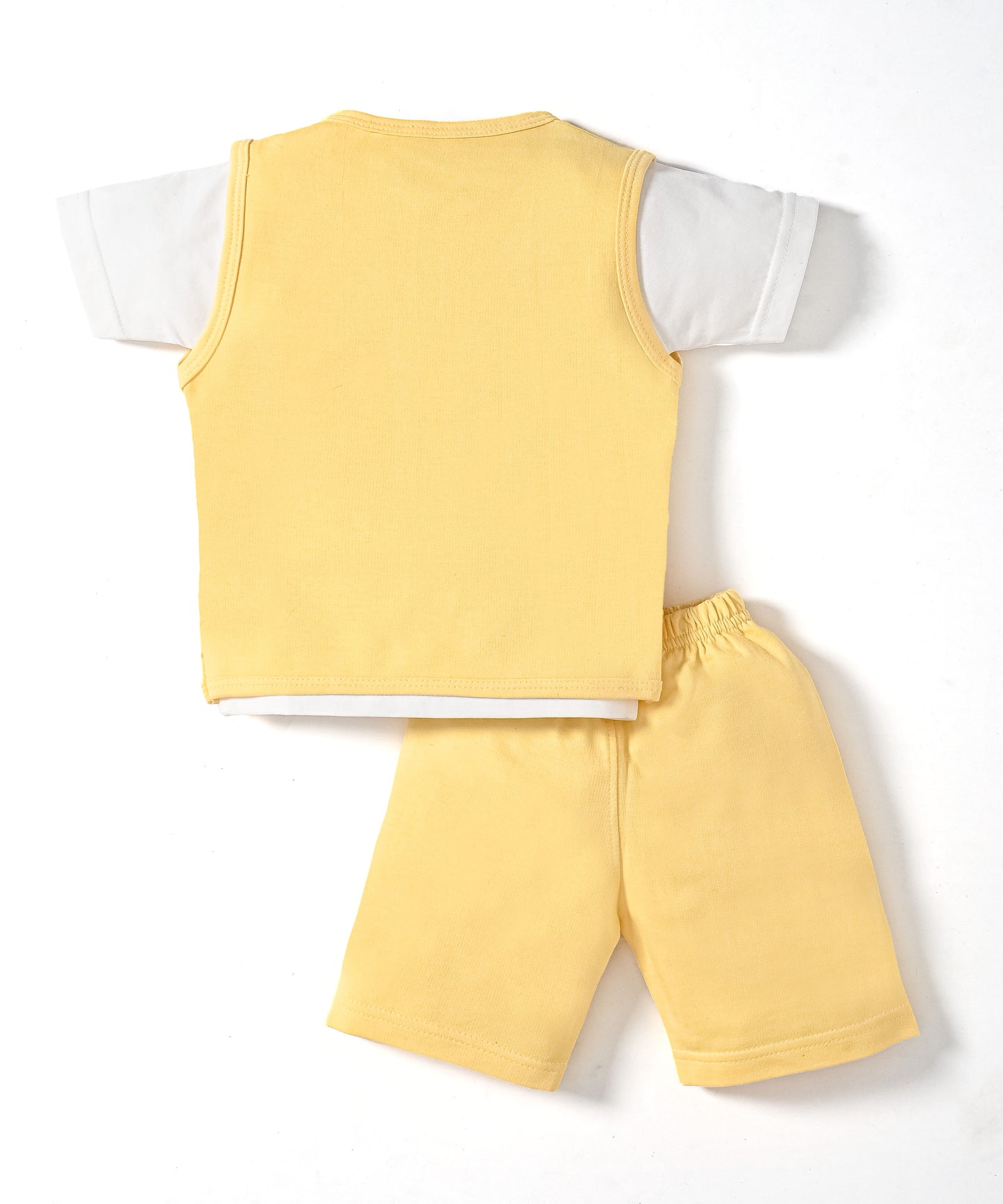 Driving Bear 3-Piece Half Sleeves T-Shirt & Half Pant Set with Sleeveless Jacket | Yellow