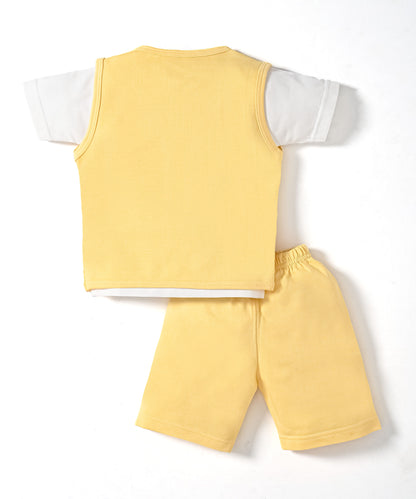 Driving Bear 3-Piece Half Sleeves T-Shirt & Half Pant Set with Sleeveless Jacket | Yellow