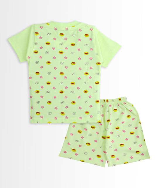 Happy Bear Half Sleeves Front Open T-Shirt & Half Pant Set | Green