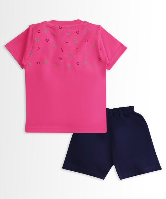 Teddy Alphabet Half Sleeves T-Shirt & Half Pant Set | Pink