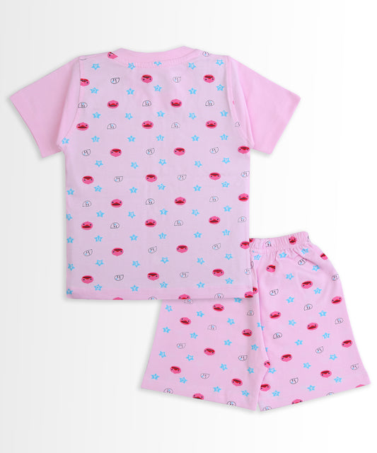 Happy Bear Half Sleeves Front Open T-Shirt & Half Pant Set | Pink