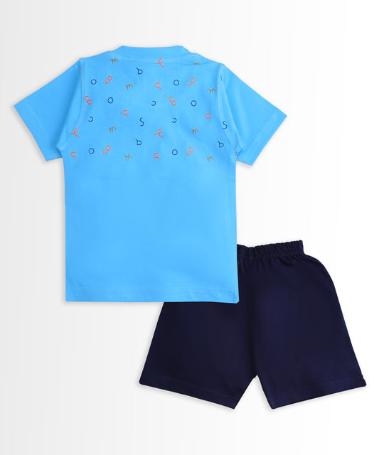 Teddy Alphabet Half Sleeves T-Shirt & Half Pant Set | Blue