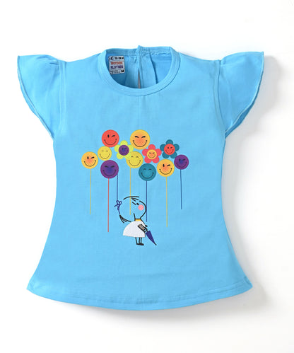 Smiley Faces Short Sleeves Top & Full Pant Set | Blue