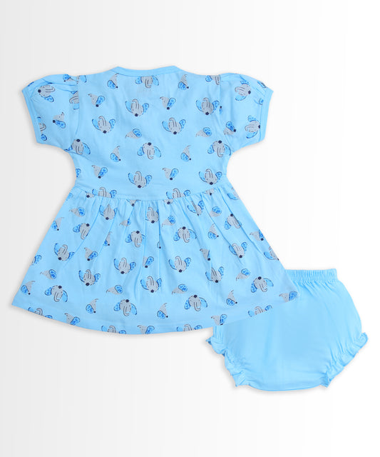 Elephant Half Sleeves Frock & Bloomer Pant Set | Blue