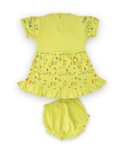 Baby Birds Half Sleeves Frock & Bloomer Pant Set | Yellow