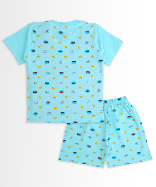 Happy Bear Half Sleeves Front Open T-Shirt & Half Pant Set | Blue