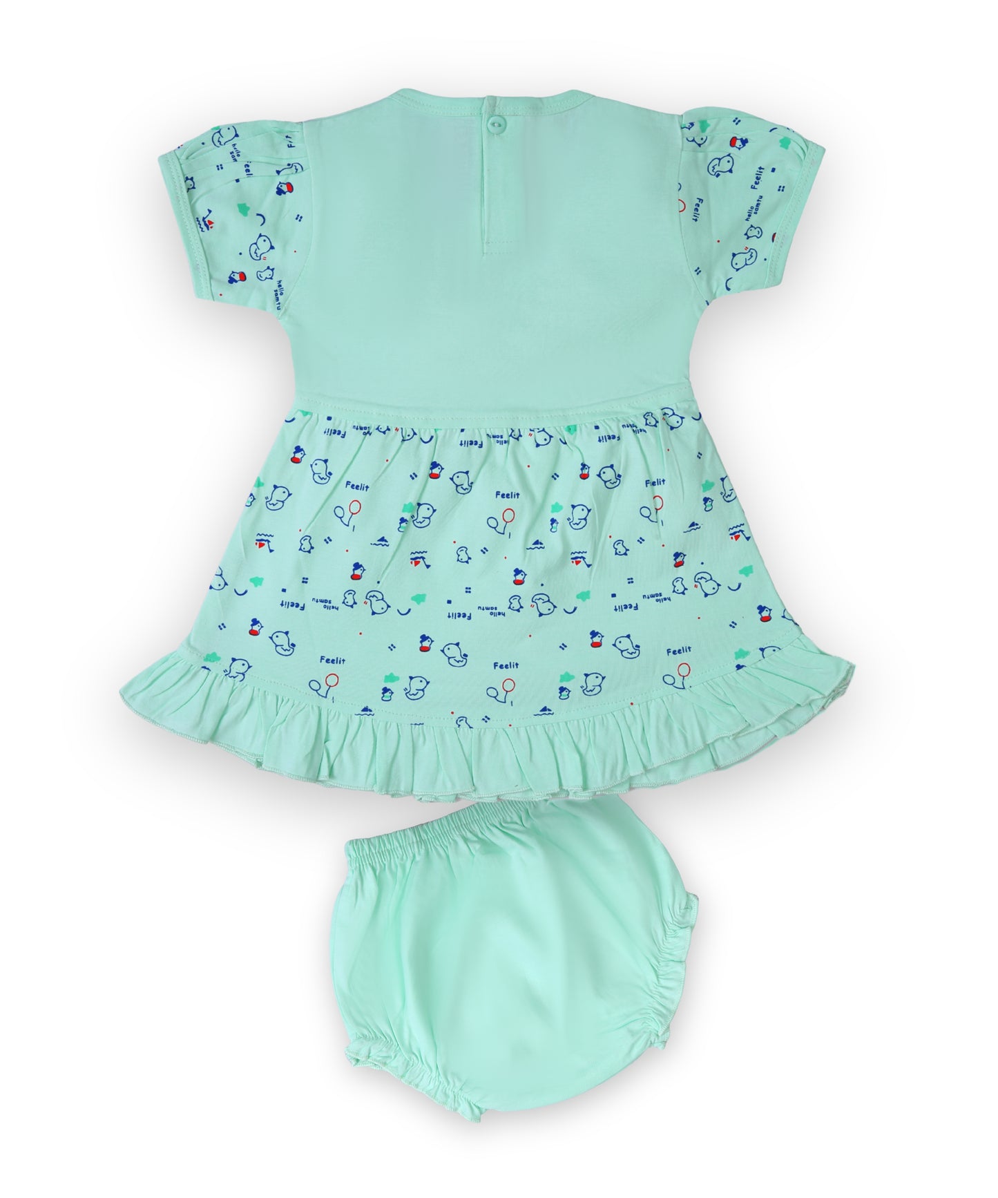 Baby Birds Half Sleeves Frock & Bloomer Pant Set | Green