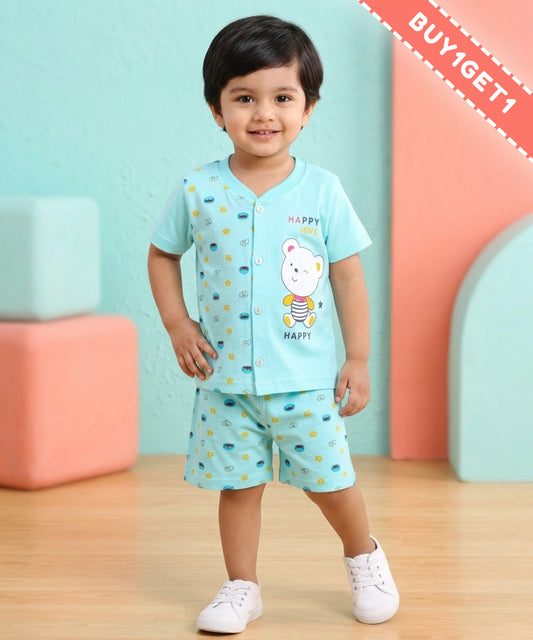 Happy Bear Half Sleeves Front Open T-Shirt & Half Pant Set | Blue