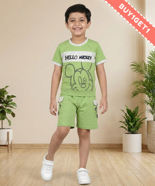 Hello Mickey Half Sleeves T-Shirt & Shorts Set | Green