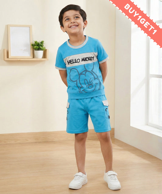 Hello Mickey Half Sleeves T-Shirt & Shorts Set | Blue