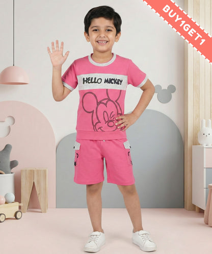 Hello Mickey Half Sleeves T-Shirt & Shorts Set | Pink