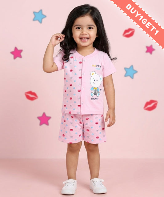 Happy Bear Half Sleeves Front Open T-Shirt & Half Pant Set | Pink