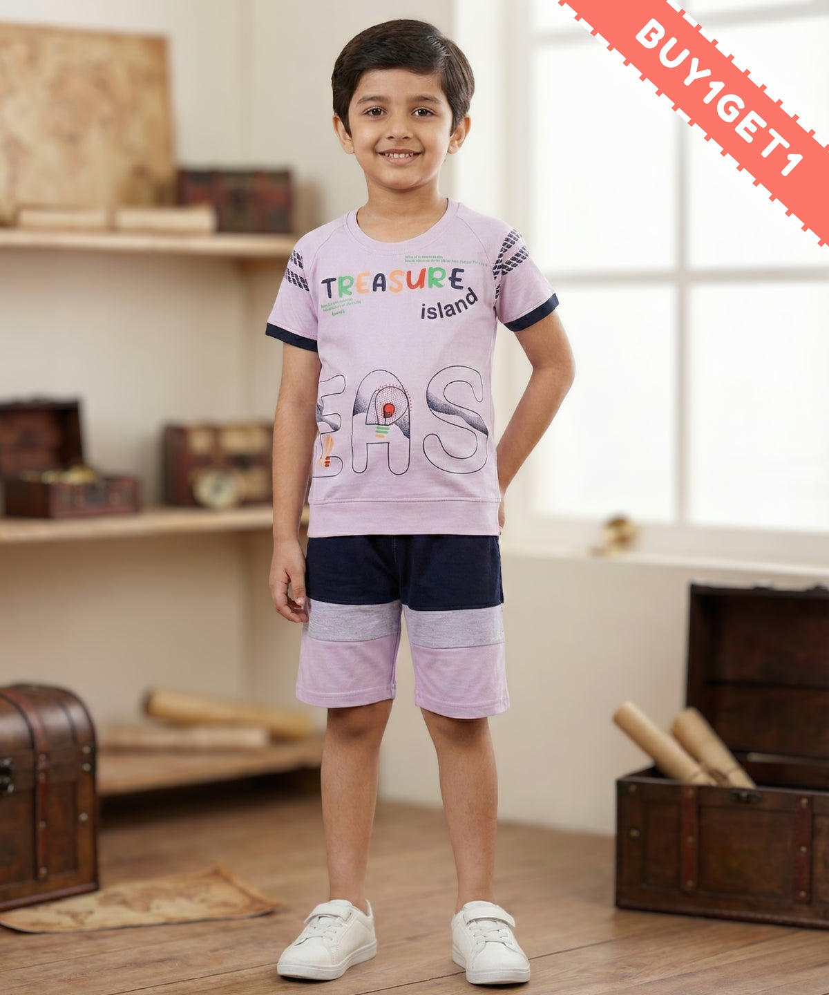 Treasure Island Raglan Half Sleeves T-Shirt & Shorts Set | Violet