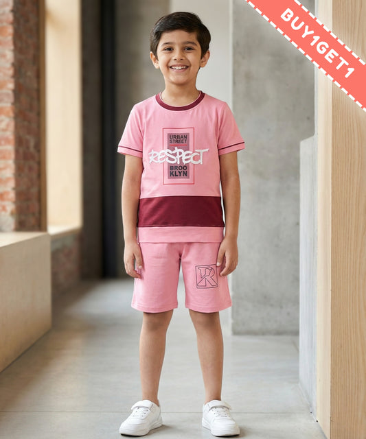 Respect Half Sleeves T-Shirt & Shorts Set | Pink