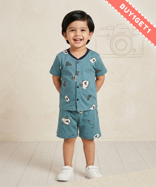 Love Mugs Half Sleeves Front Open T-Shirt & Half Pant Set