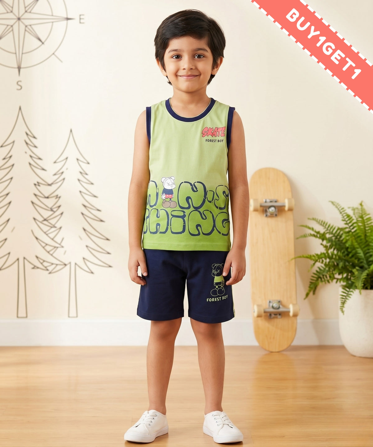 Skate Things Sleeveless T-Shirt & Half Pant Set | Green