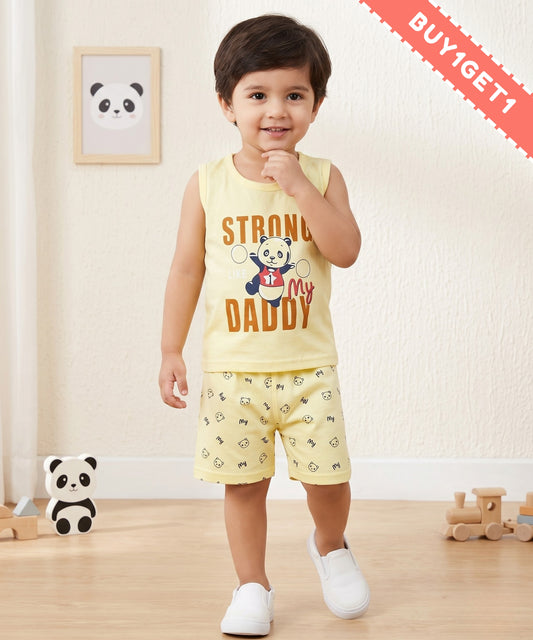 Strong Daddy Sleeveless T-Shirt & Half Pant Set | Yellow