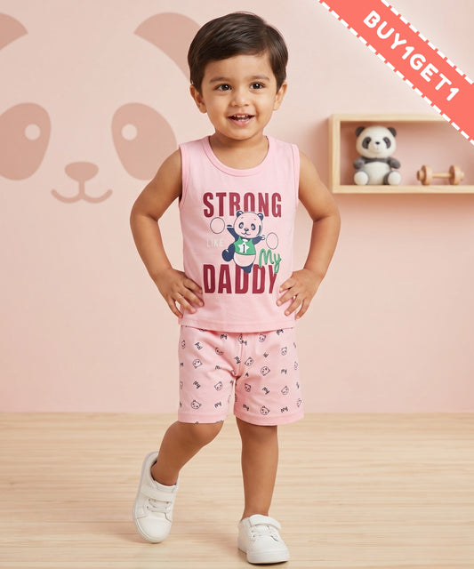 Strong Daddy Sleeveless T-Shirt & Half Pant Set | Pink