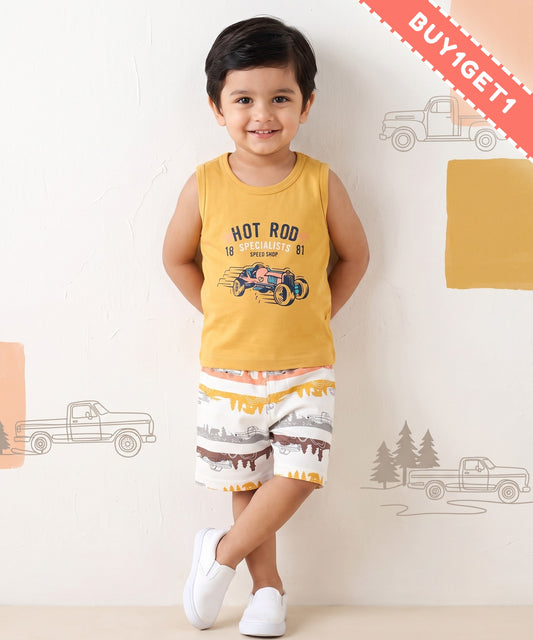 Hot Rod Racer Sleeveless T-Shirt & Half Pant Set | Yellow
