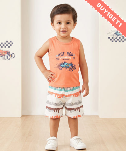 Hot Rod Racer Sleeveless T-Shirt & Half Pant Set | Orange