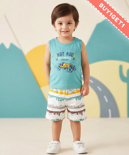 Hot Rod Racer Sleeveless T-Shirt & Half Pant Set | Green