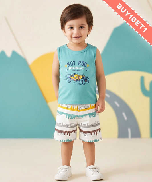 Hot Rod Racer Sleeveless T-Shirt & Half Pant Set | Green