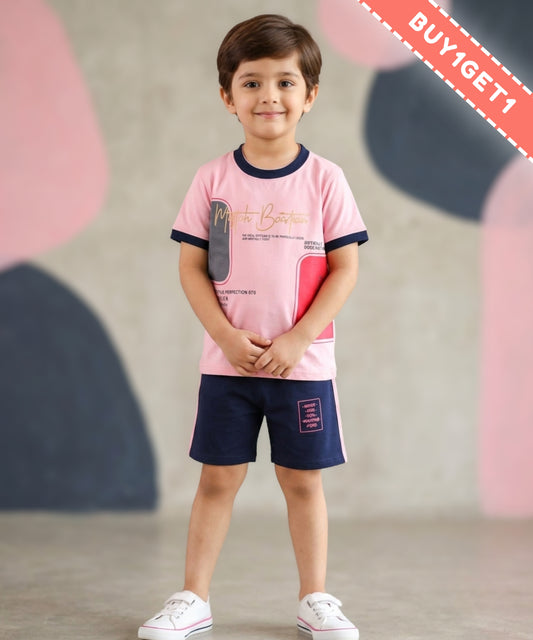Miftah Half Sleeves T-Shirt & Half Pant Set | Pink